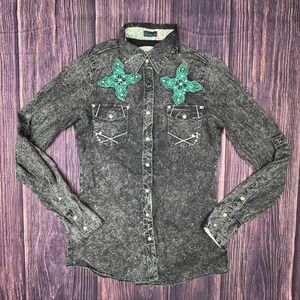 Roar Western Shirt Acid Wash Embroidered Cross Rhinestone Rockabilly